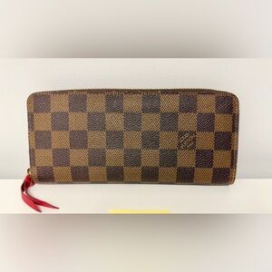 Louis Vuitton Damier Ebene Clemence Long Wallet Cherry Red Interior Authentic